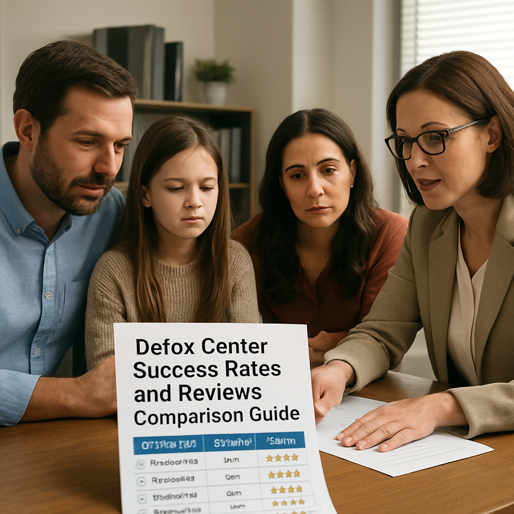 A calm office setting where a family is reviewing printed success‑rate tables with a compassionate admissions counselor. Alt: detox center success rates and reviews comparison guide