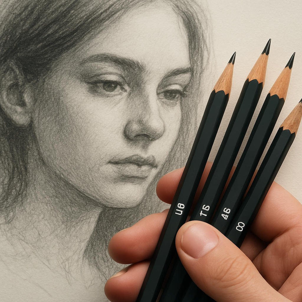 A realistic close-up of a hand holding various graphite pencils next to a portrait sketch, showing different grades (HB, 2B, 4B) on a textured paper. Alt: Choosing the right graphite pencil for portrait shading
