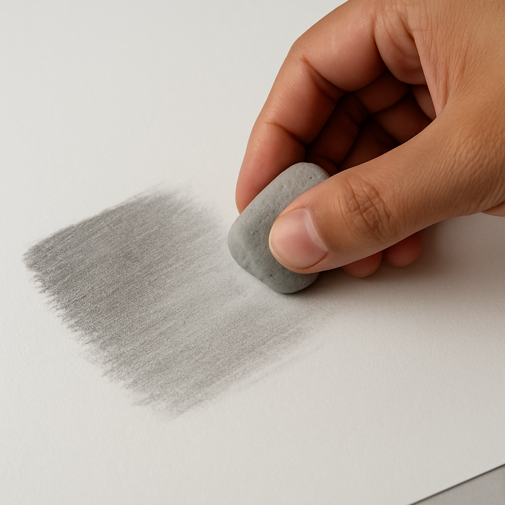 A photorealistic close‑up of an artist’s hand gently lifting a highlight with a kneaded eraser on a smooth Bristol sheet, showing the clean graphite swatch beside a smudged area, Realism style, aimed at Indian art students and portrait artists.