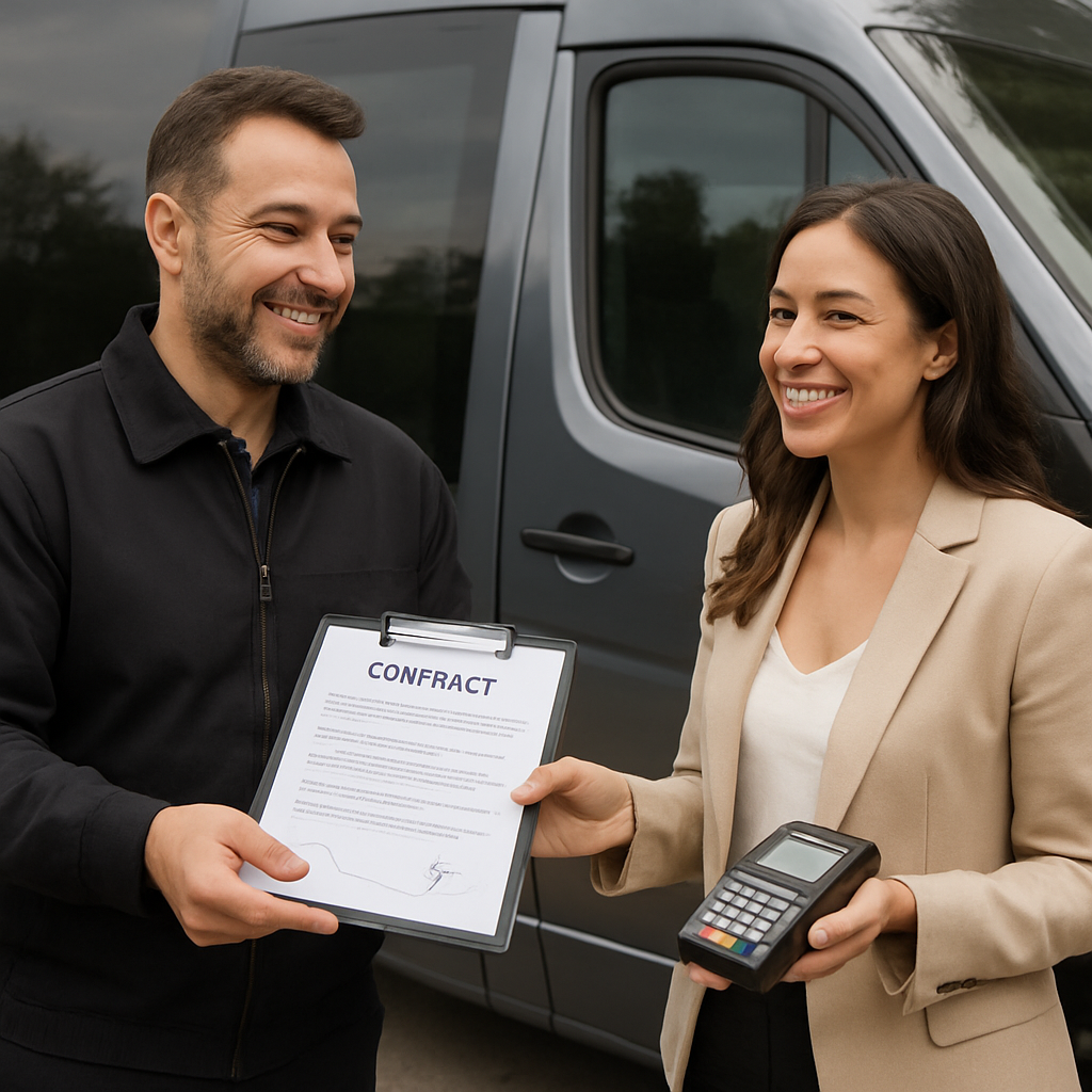 A friendly driver handing a clipboard with a signed contract to a smiling event planner beside a polished minibus. Alt: Minibus hire with driver contract signing and payment confirmation.