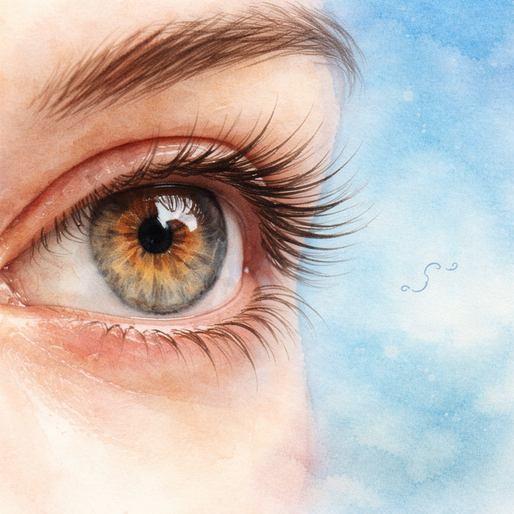 A close‑up of an eye with a subtle floating speck, suggesting a retinal floater. Alt: Eye with floating speck in a calm blue background.