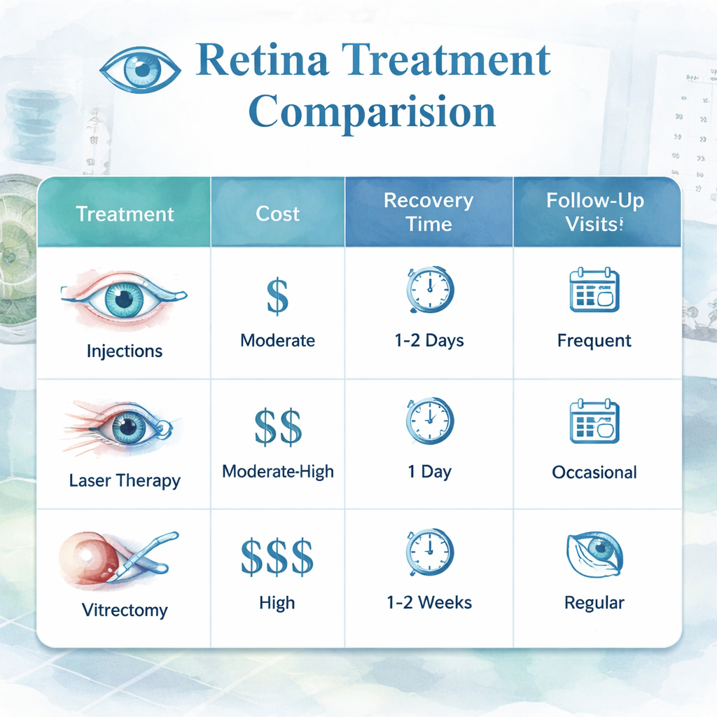 A stylised infographic showing a comparison table of retina treatments, with icons for cost, recovery time, and follow‑up visits, set against a clean, modern medical background. Alt: Retina treatment comparison infographic.