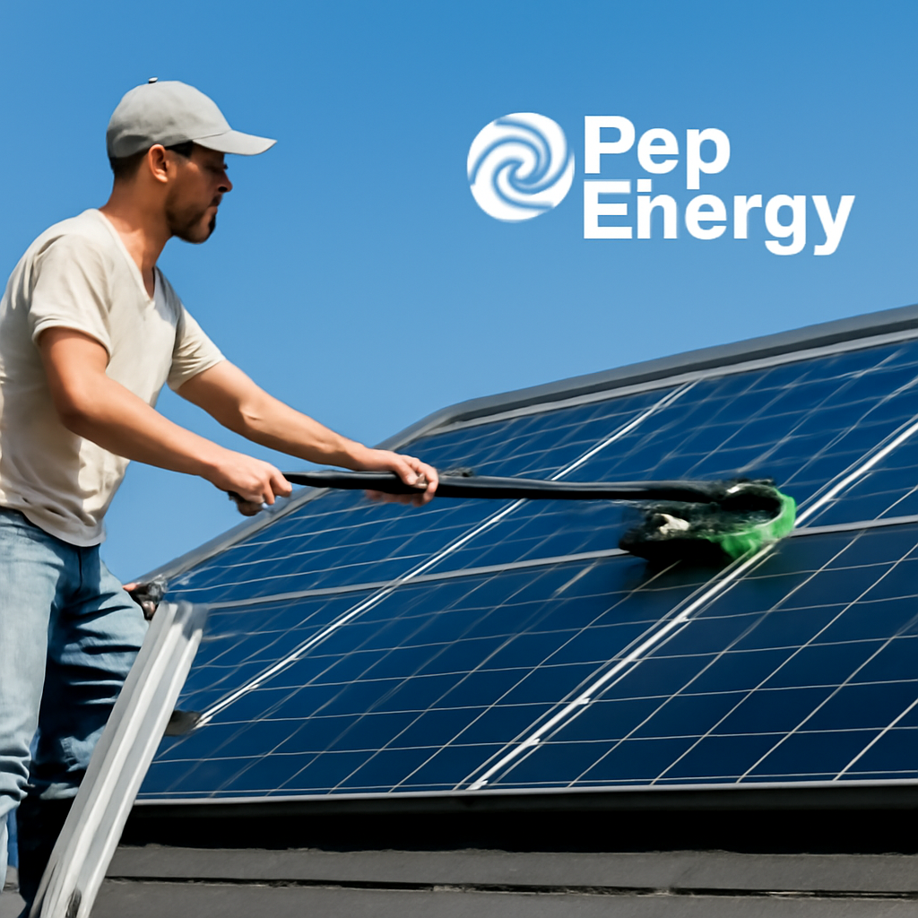 A homeowner on a ladder gently brushing solar panels with a soft brush, clear blue sky in the background, showing a clean, reflective surface of the panels. Alt: Post‑cleaning solar panel maintenance tips for residential roof array.