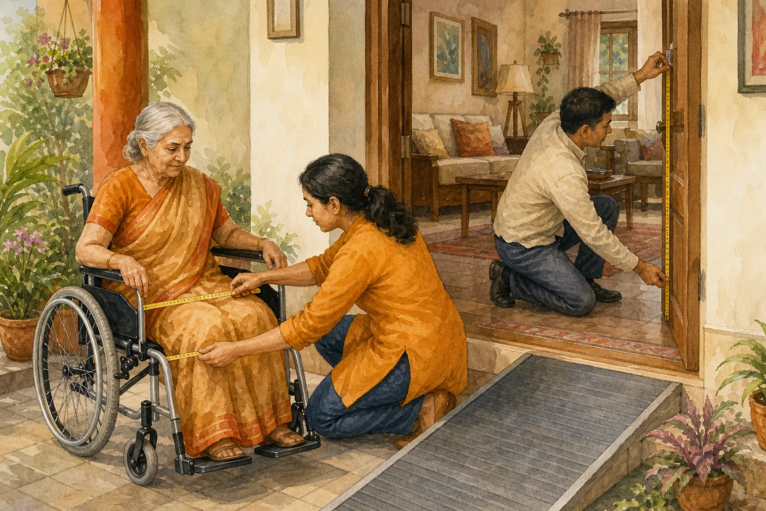 measuring wheelchair seat width and home doorways for an elderly person.