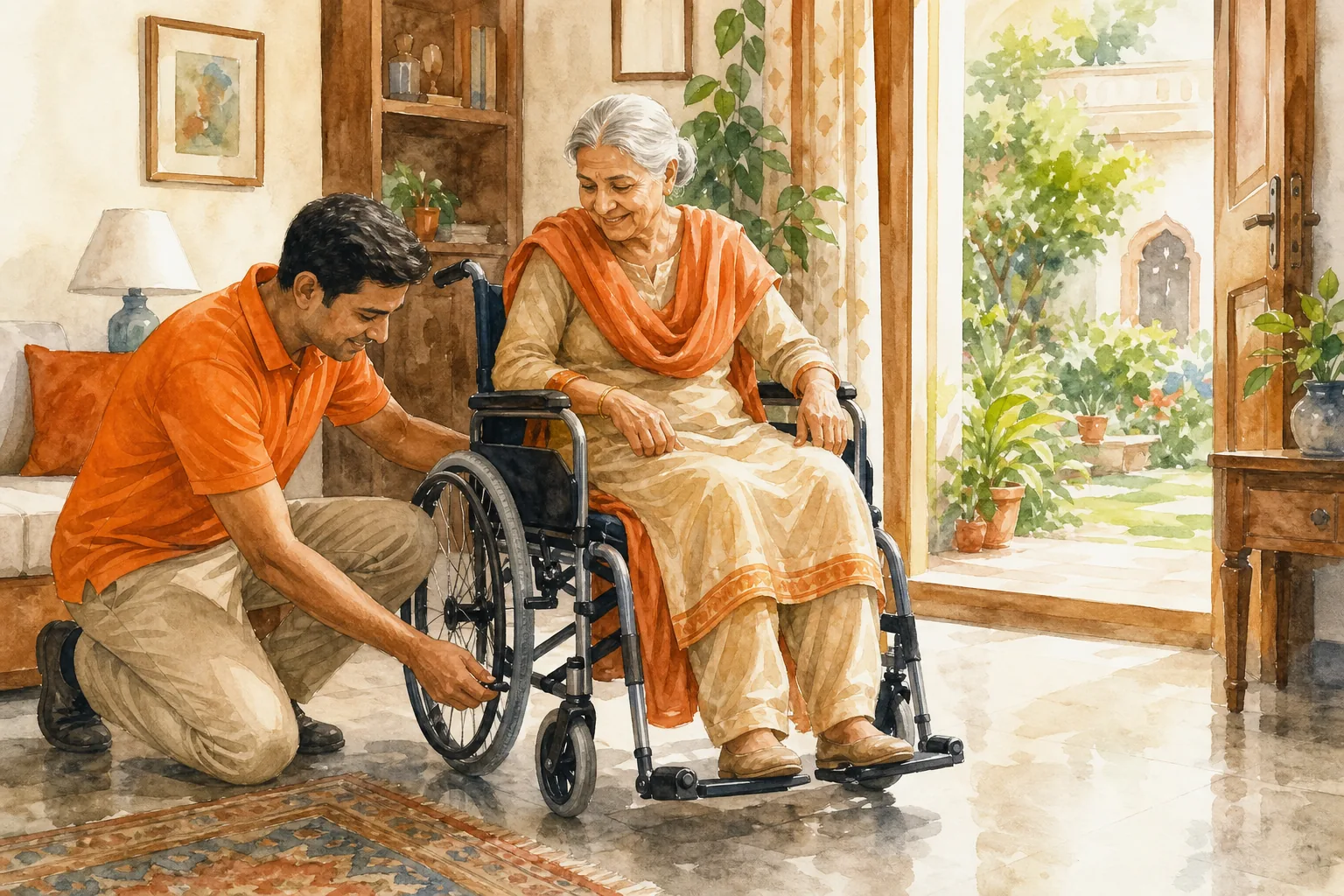 checking wheelchair comfort safety brakes and manoeuvrability for elderly home care.
