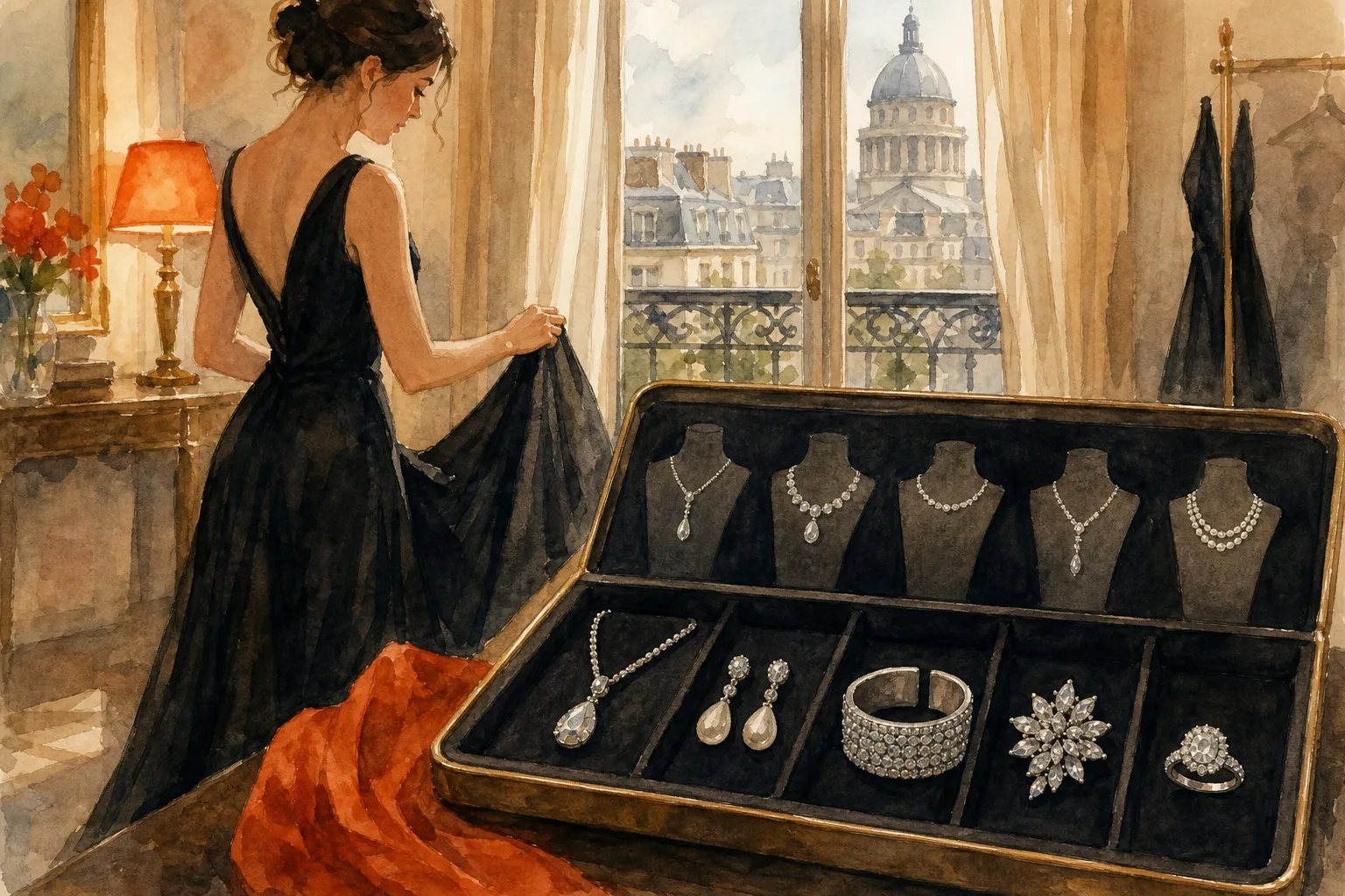 watercolor guide to matching black tie jewelry with dress necklines.