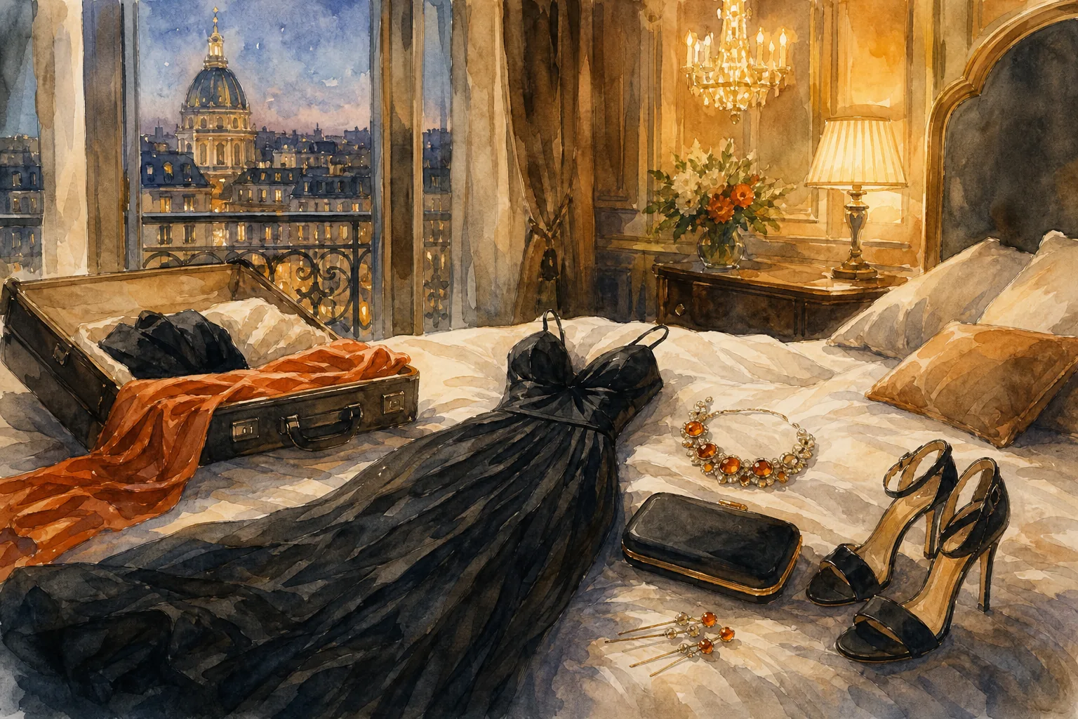 watercolor black tie accessory styling with statement jewelry, clutch, shoes, and hair.