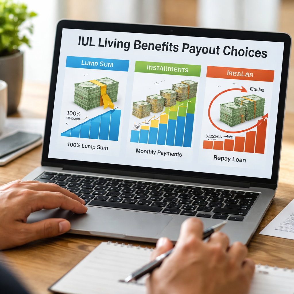 A realistic scene of a person reviewing payout options on a laptop, with charts showing lump sum, installments, and loan structures. Alt: visual guide to IUL living benefits payout choices