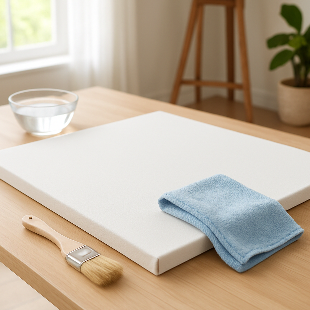 A bright home studio with a large canvas laid flat on a table, a soft microfiber cloth, a bowl of distilled water, and a gentle natural‑hair brush beside it. Alt: How to clean larger areas of a canvas print with gentle tools and a damp cloth.