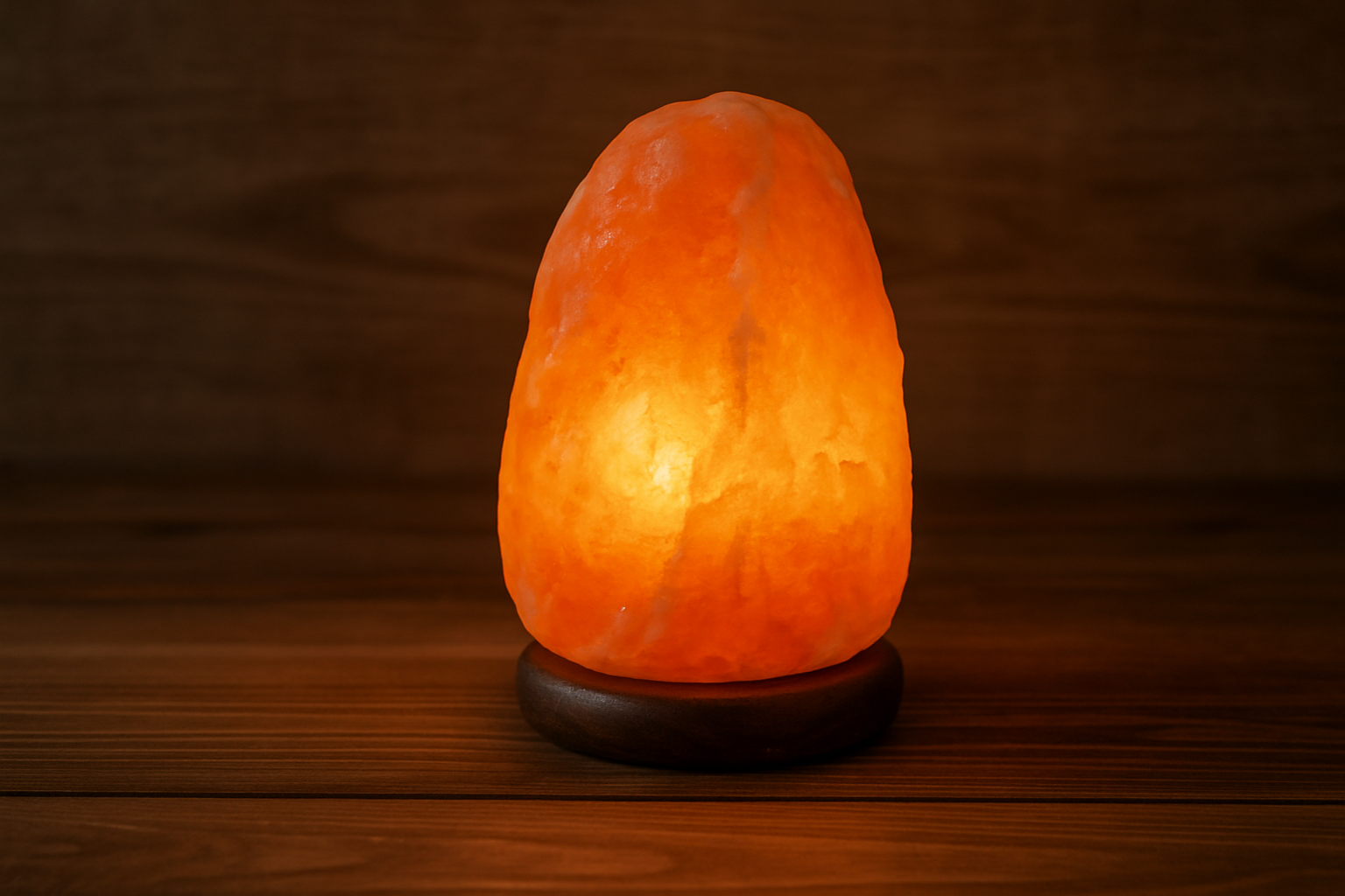 A warm glowing Himalayan salt lamp placed on a wooden table. Alt: How to clean a Himalayan salt lamp glowing warmly on a wooden surface.