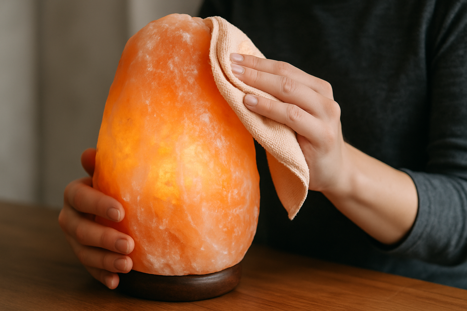 Close-up of a person gently wiping a Himalayan salt lamp with a microfiber cloth. Alt: Cleaning a Himalayan salt lamp gently with a soft cloth.