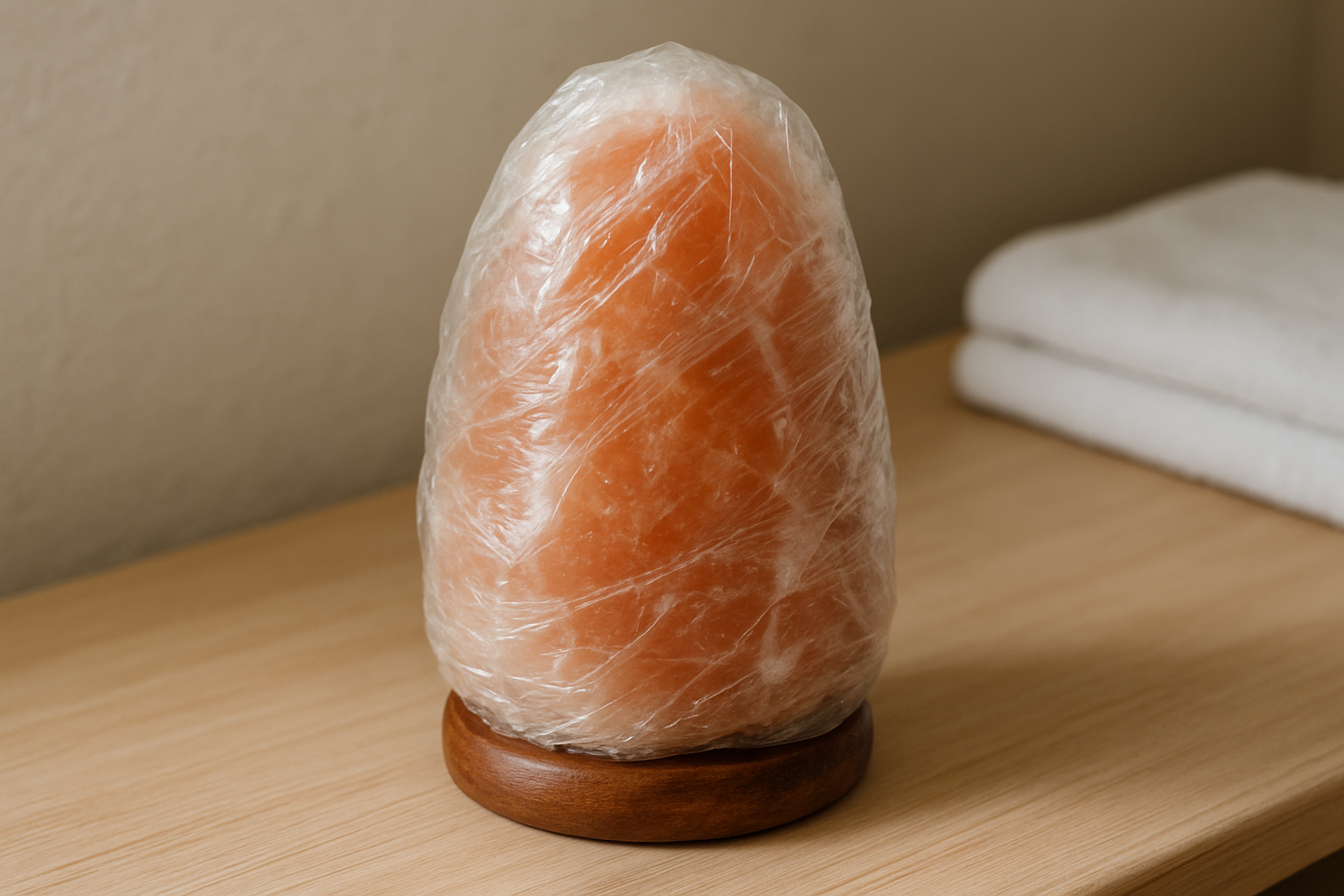 A Himalayan salt lamp wrapped carefully in cling film for storage. Alt: How to clean and store a Himalayan salt lamp wrapped for protection.