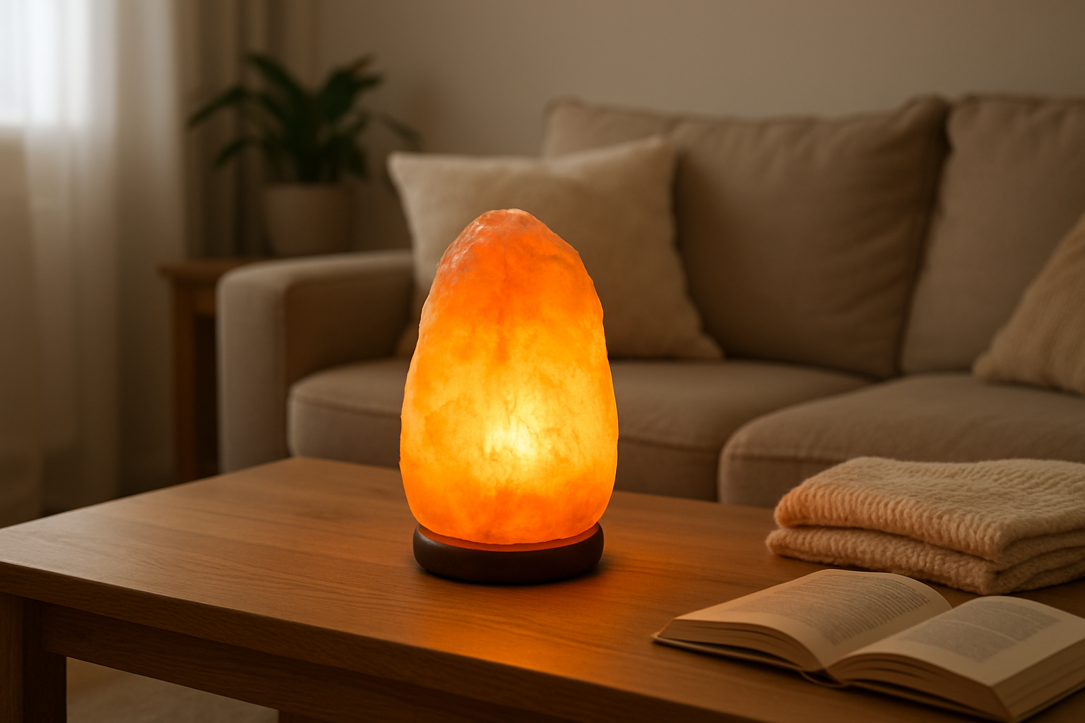 A bright, clean Himalayan salt lamp illuminating a cozy living room. Alt: How to clean a Himalayan salt lamp glowing bright in a living room setting.
