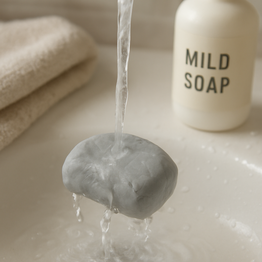 A close‑up of a kneaded eraser being rinsed under a gentle stream of lukewarm water, with a soft cloth and mild soap nearby. Alt: How to clean a kneaded eraser with simple supplies.