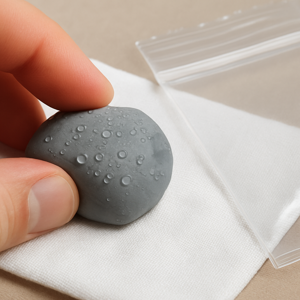 A close‑up of a kneaded eraser being gently pressed onto a lint‑free cloth, droplets of water glistening on the surface, with a tidy zip‑lock bag beside it. Alt: Maintaining a kneaded eraser for clean sketching.