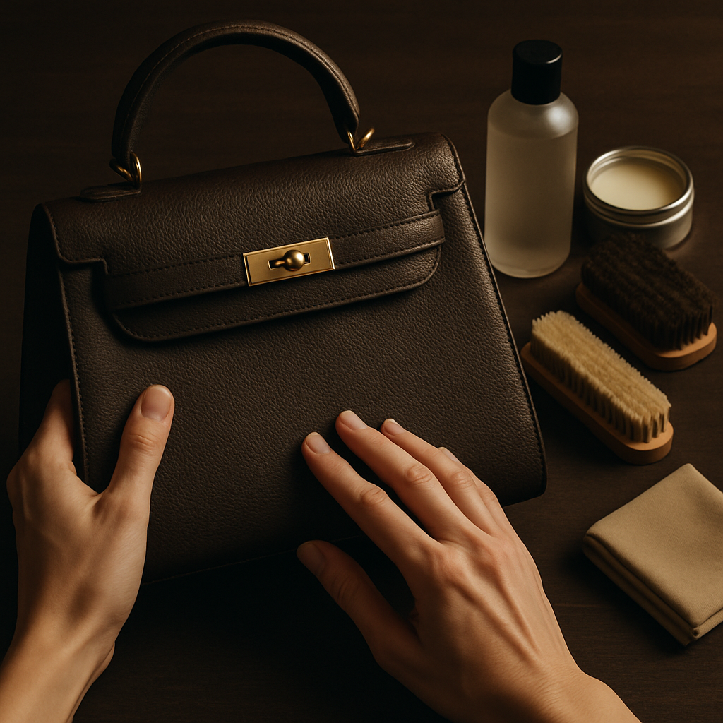 A close‑up of a designer leather handbag being inspected, showing hands feeling the grain and a neatly arranged set of cleaning tools. Alt: Assess leather and gather premium cleaning supplies for handbag care