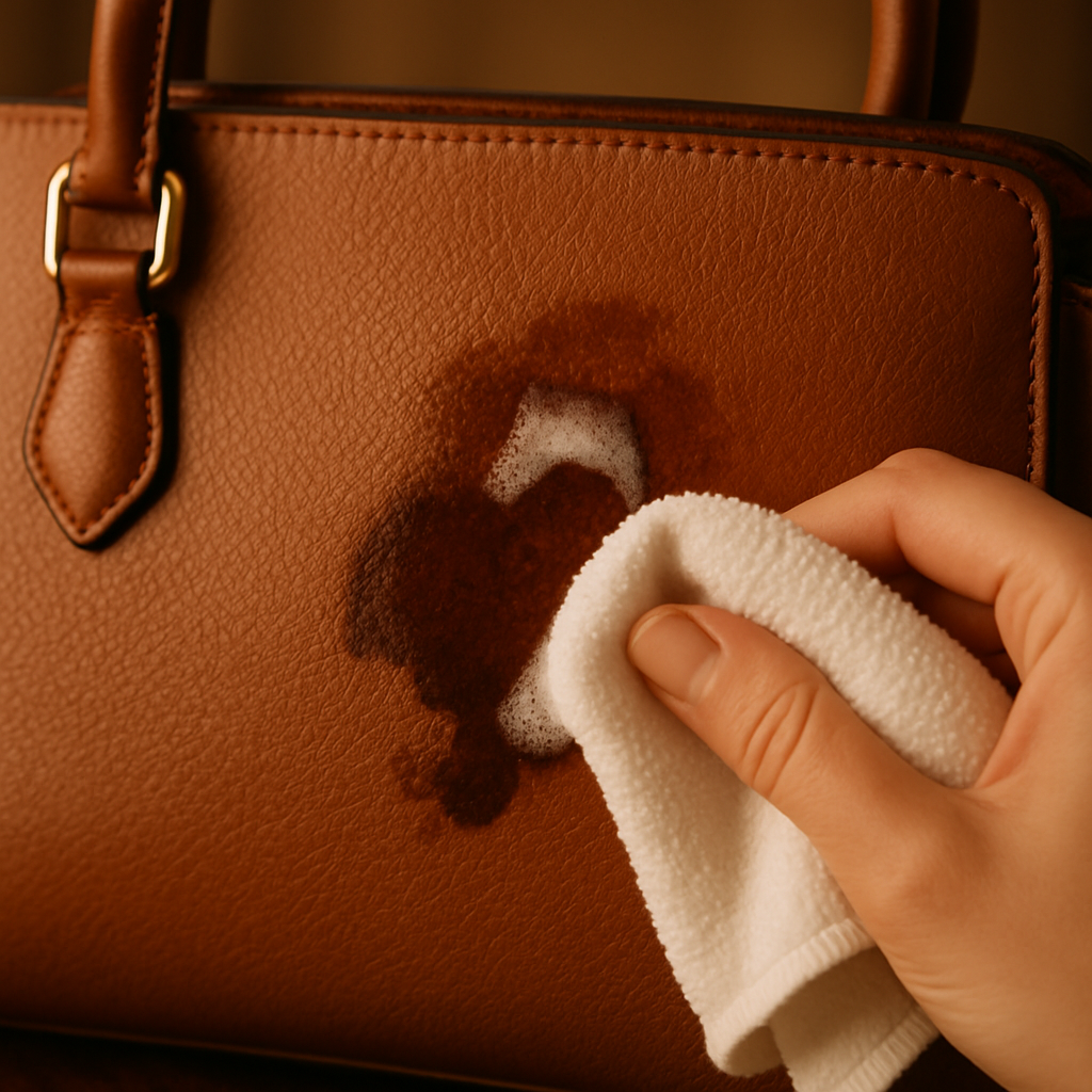 A close-up of a leather handbag with a stubborn coffee stain being treated using a dab of mild soap solution and a white microfiber cloth. Alt: how to clean leather handbag at home tough stain removal.
