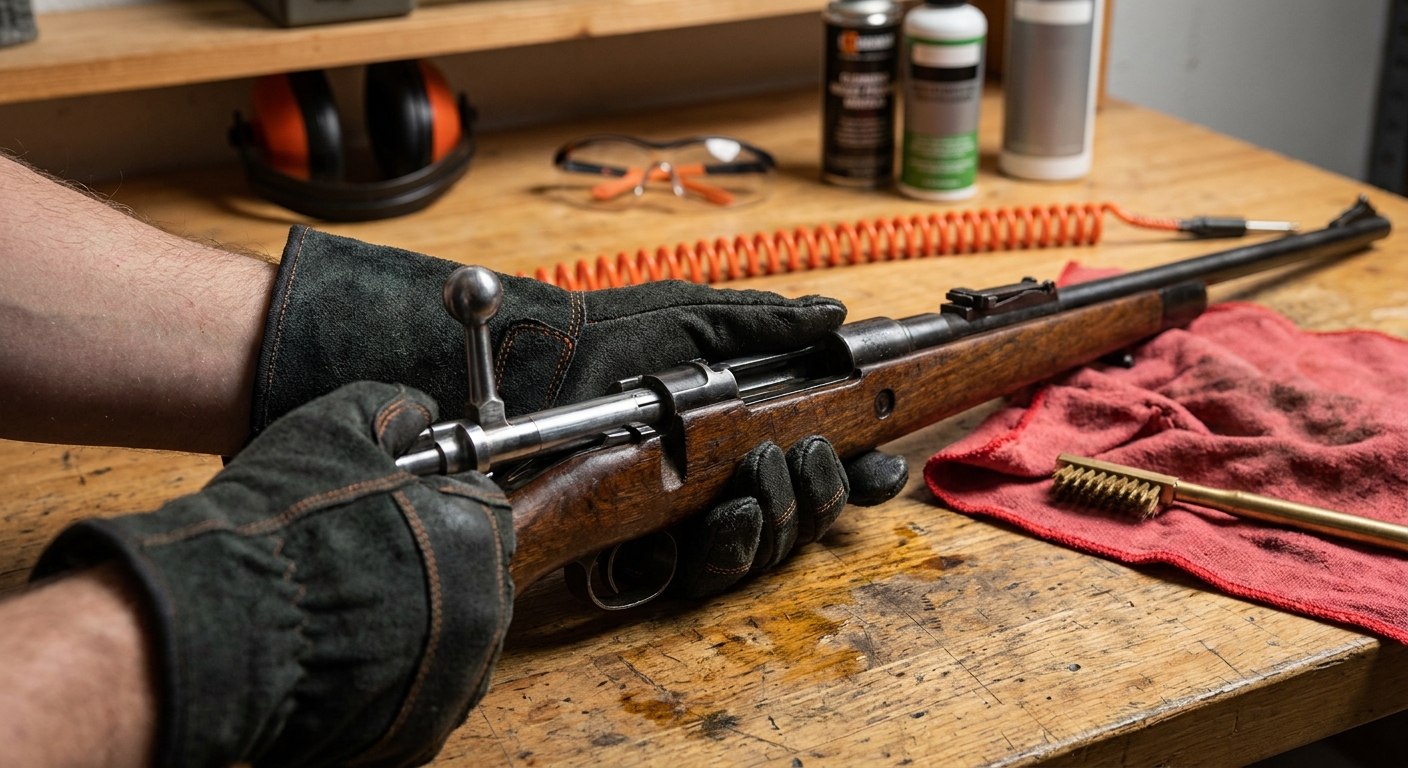 A photorealistic close-up of a shooter's hands carefully removing the bolt from a bolt-action rifle on a wooden workbench, safety gear visible in the background. Alt: how to clean a rifle barrel safely by removing bolt first