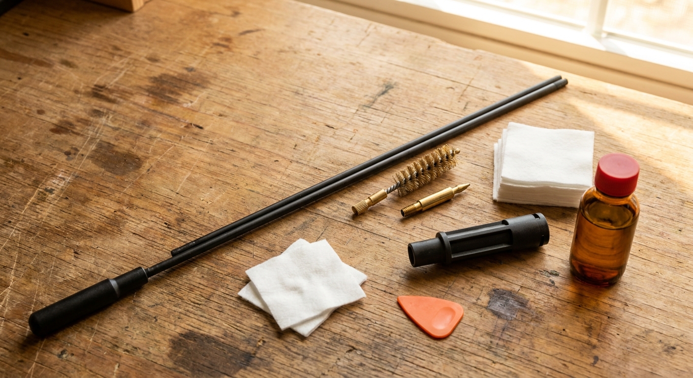 A flat-lay photograph of rifle cleaning tools arranged on a wooden surface: a one-piece coated cleaning rod, phosphor-bronze brush, jag, cotton patches, bore guide, and a small bottle of solvent, lit with warm natural light. Alt: rifle barrel cleaning tools including bore guide bronze brush and patches