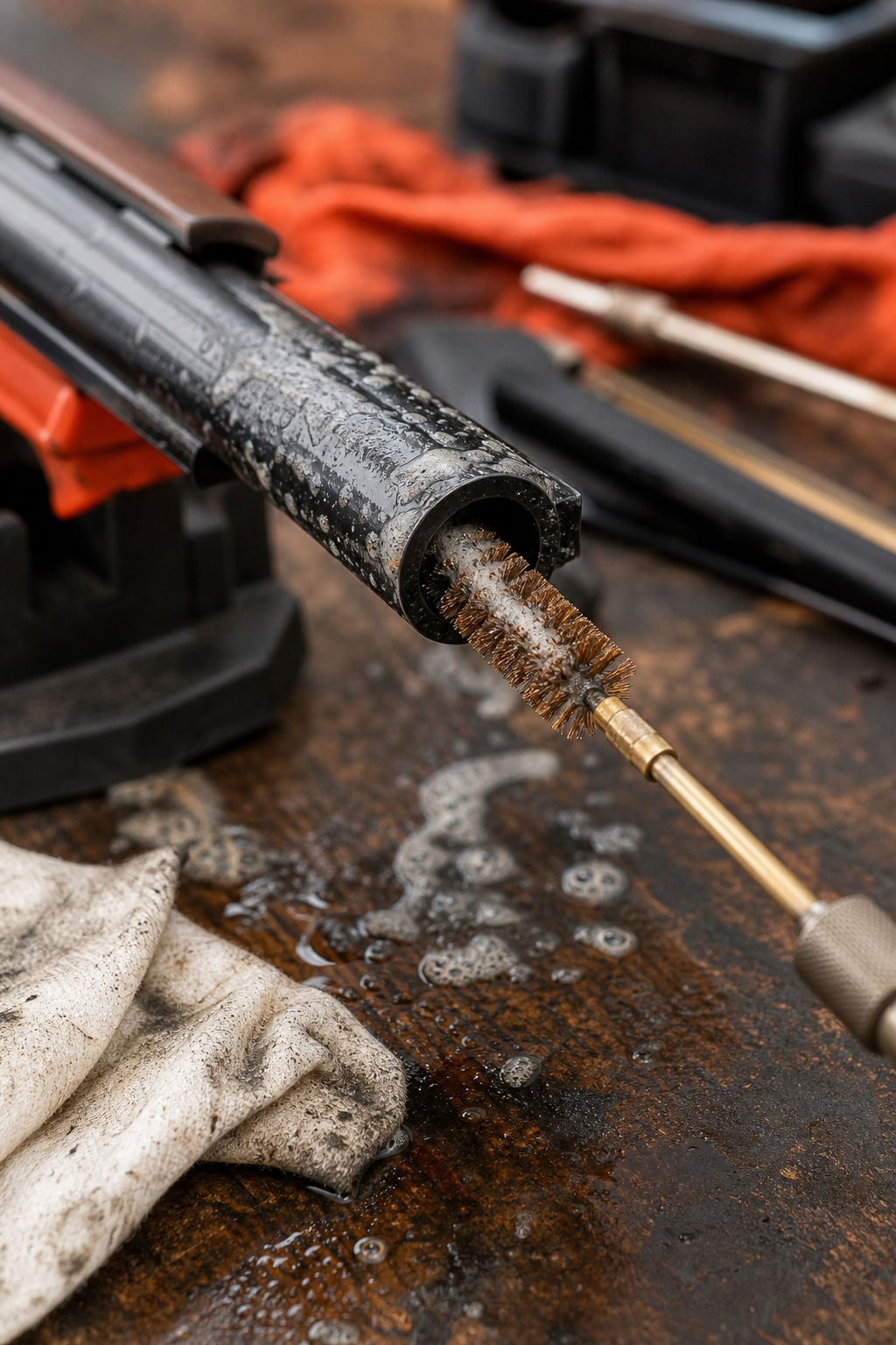A close-up of a shotgun barrel being cleaned with a phosphor bronze brush attached to a cleaning rod, showing solvent foam and residue on a workbench. Alt: cleaning shotgun barrel with phosphor bronze brush