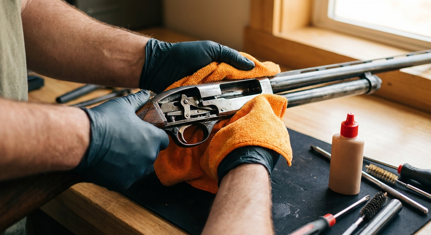 A shooter wiping down the action and receiver of a disassembled shotgun with a microfiber cloth, highlighting the trigger group and moving parts. Alt: cleaning shotgun action and receiver with cloth
