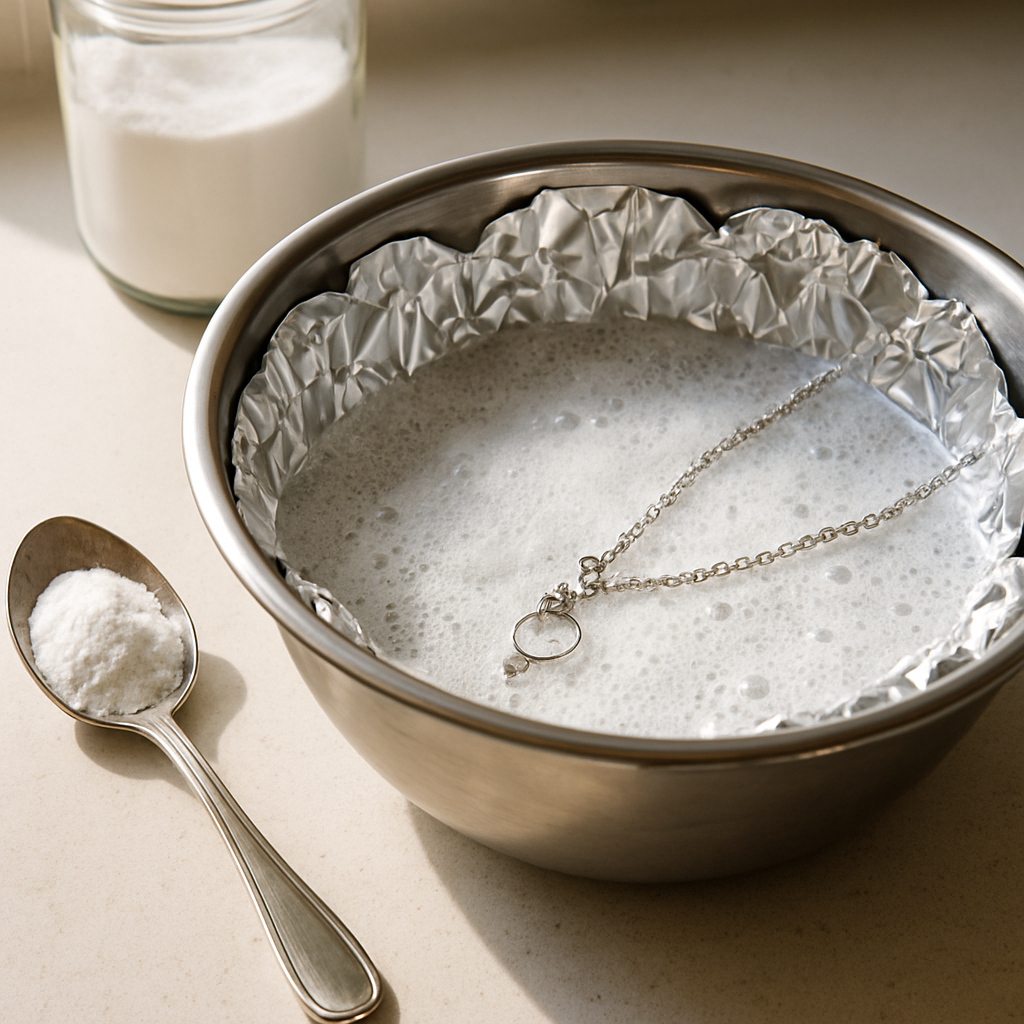A bright kitchen countertop with a stainless steel bowl lined with shiny aluminum foil, a spoon of baking soda, and a sterling silver necklace half‑submerged, soft natural light highlighting the bubbling reaction. Alt: How to gather cleaning materials for sterling silver necklace cleaning