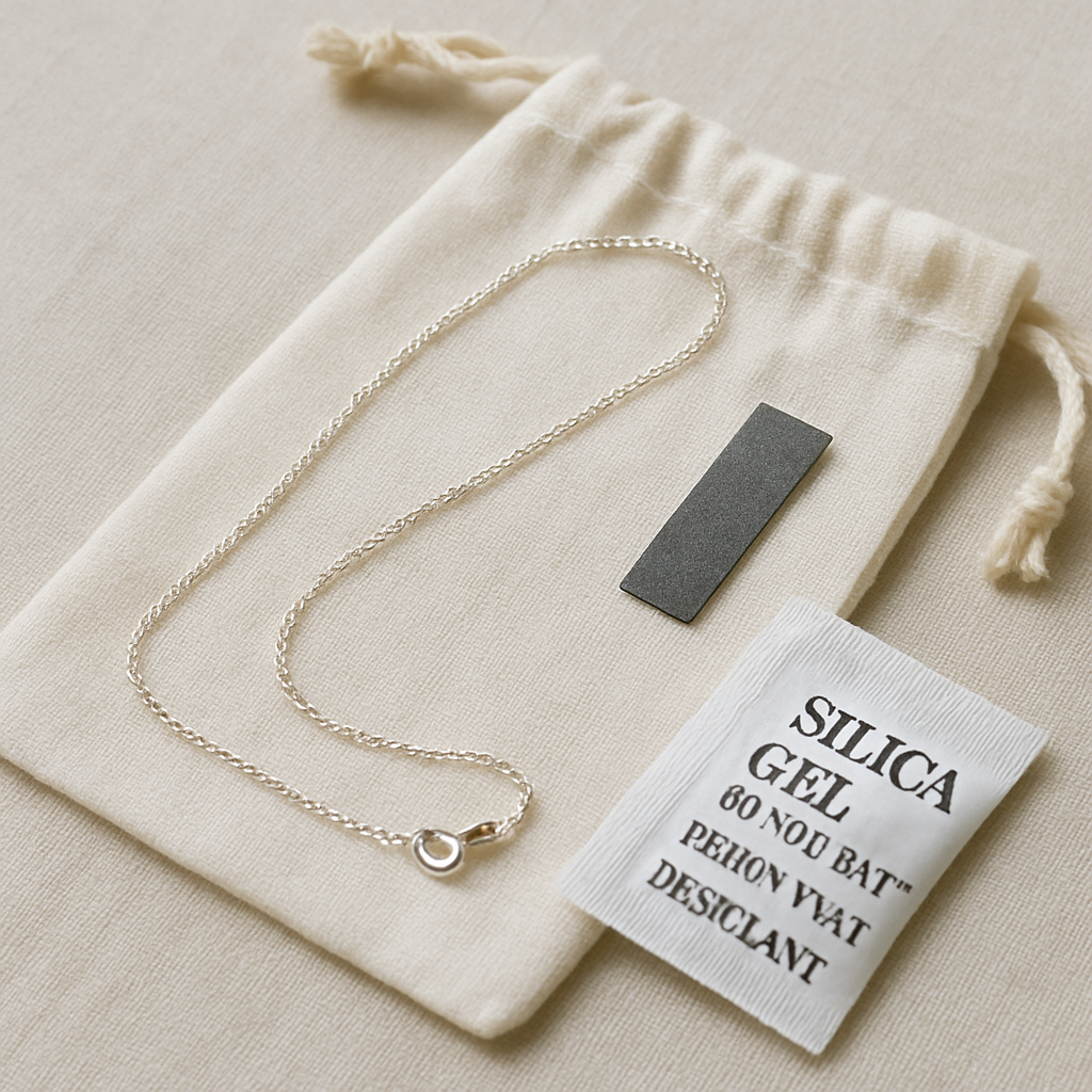 A close‑up of a silver necklace laid on a soft white muslin pouch beside a small anti‑tarnish strip and a silica gel packet. Alt: How to store sterling silver necklace to prevent tarnish.