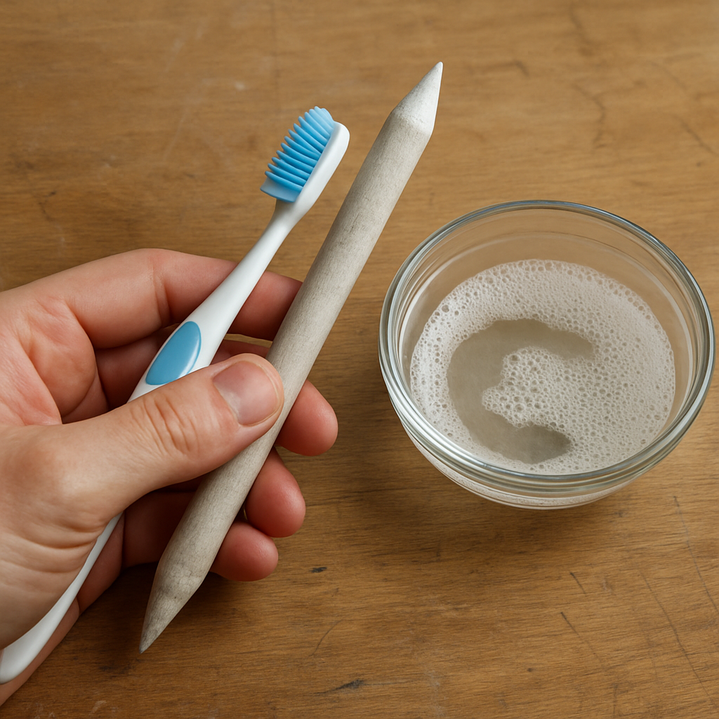 A close‑up of a hand holding a soft toothbrush beside a blending stump, with a small bowl of lukewarm soapy water on a wooden artist’s desk. Alt: How to clean blending stumps with the right materials