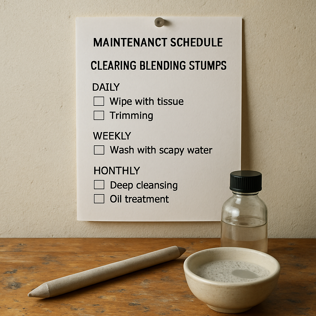 A bright Indian artist’s studio table with a blending stump, a small bottle of diluted alcohol, a bowl of soapy water, and a printed checklist pinned to the wall. Alt: Maintenance schedule for cleaning blending stumps with daily, weekly, and monthly steps.