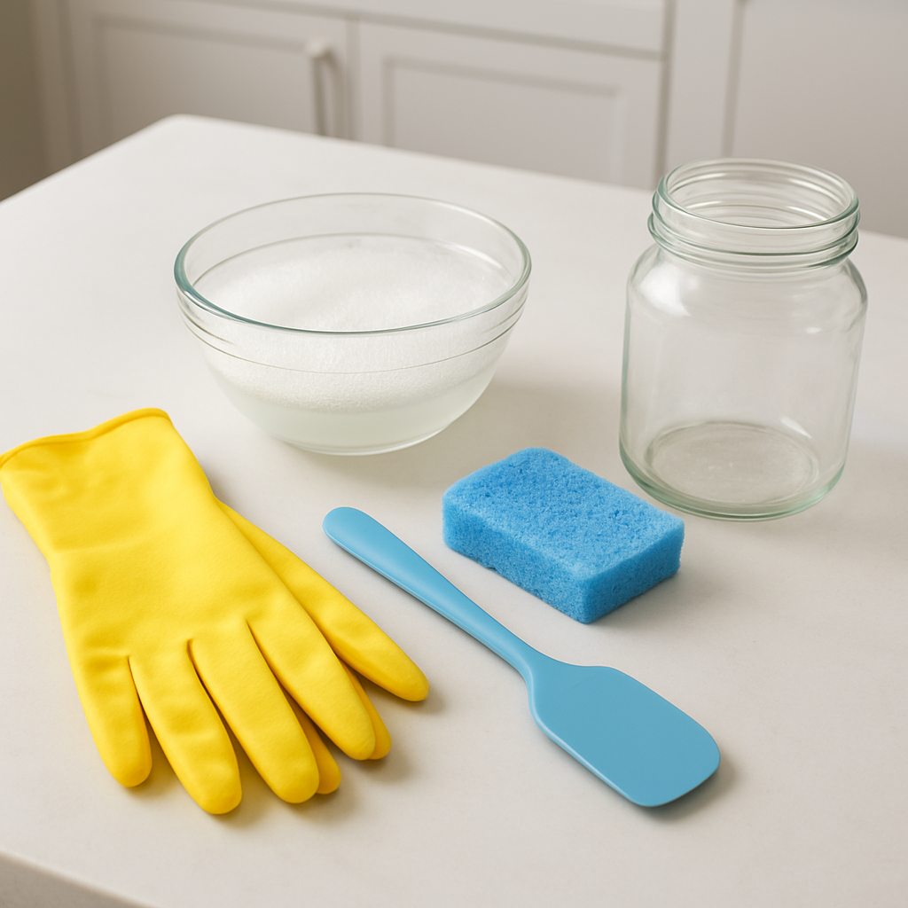 A bright kitchen countertop with all cleaning tools laid out—gloves, silicone spatula, soft sponge, bowl of warm soapy water, and a candle jar ready to be cleaned. Alt: How to clean candle jar with tools and safety gear.