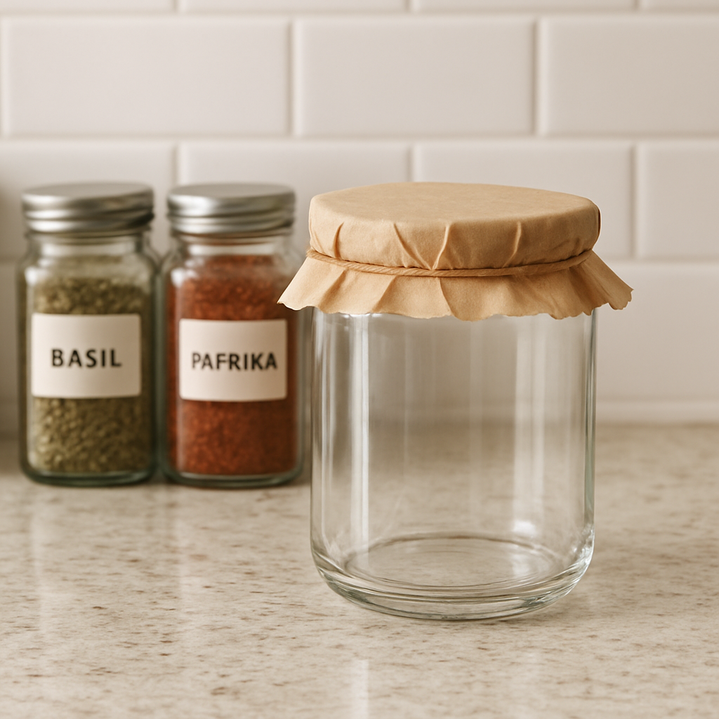 A clean glass candle jar sitting on a kitchen countertop next to spices in labeled jars, with a parchment-wrapped lid on top. Alt: Reused candle jar for pantry storage, clean and ready.