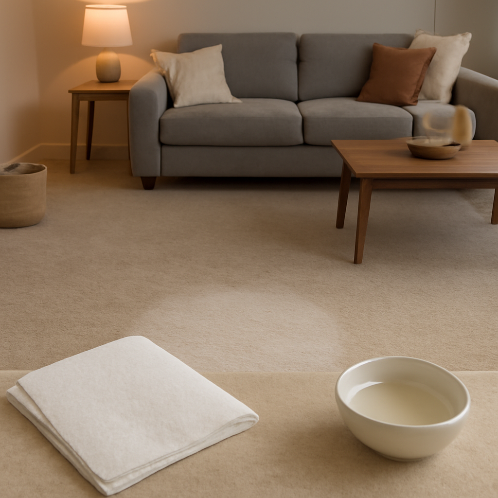 A cozy living room with a clean rug after wax removal, a paper towel and a small bowl of warm water on a kitchen counter. Alt: Clean carpet after candle wax removal.