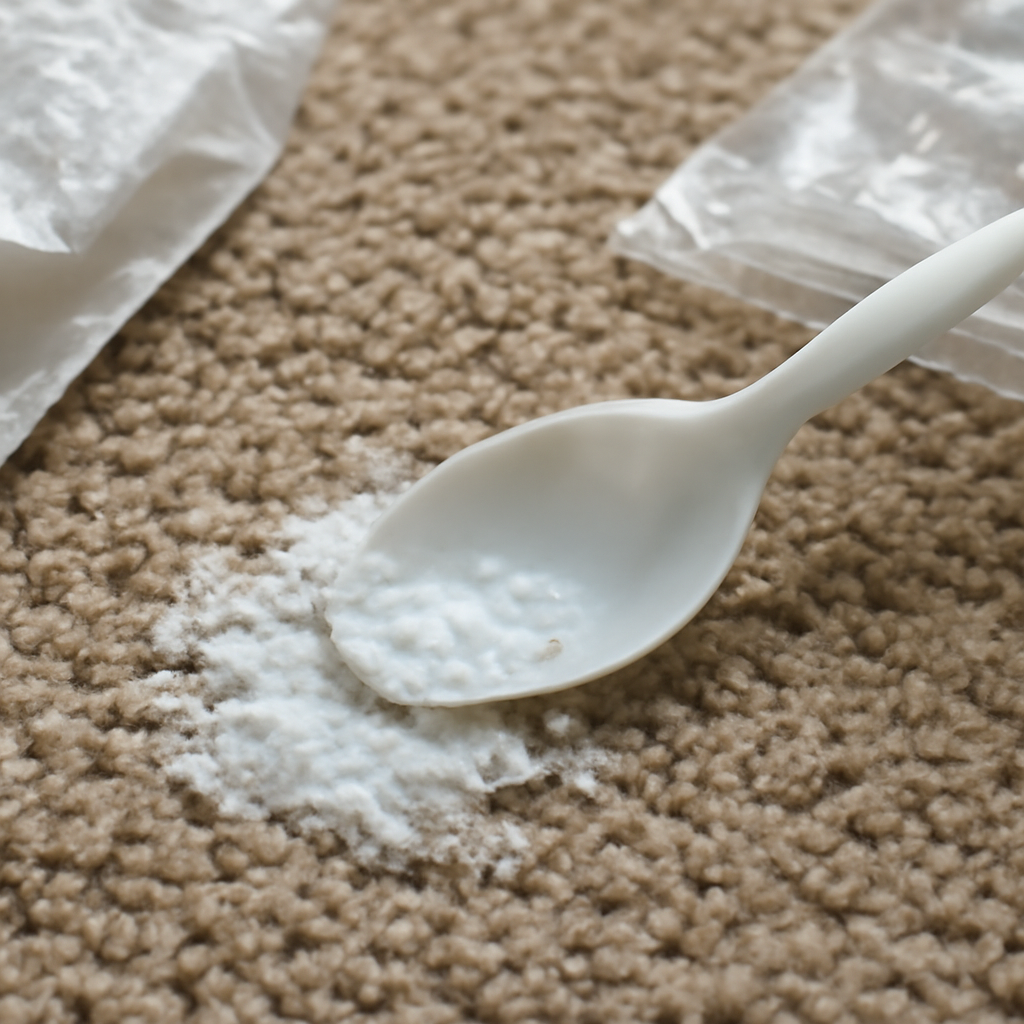 A close‑up of a plastic spoon scraping wax from a carpet, with a white paper towel and a plastic bag visible beside it. Alt: Scraper removing wax from carpet.