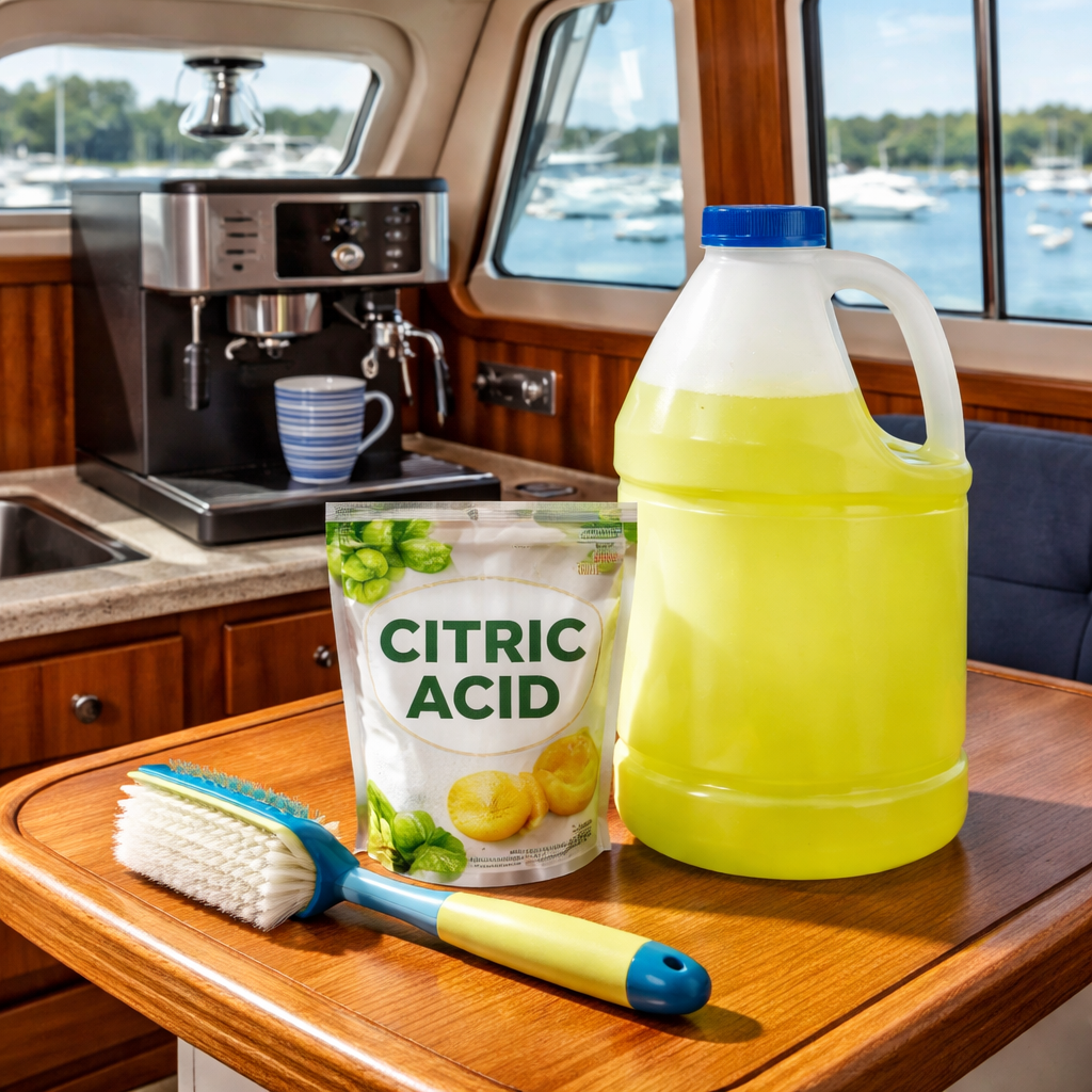A photorealistic scene of a small boat cabin, a coffee machine on a countertop, a clear plastic jug filled with a citrus‑yellow cleaning solution, a soft brush and a sealed bag of food‑grade citric acid on a wooden table. Alt: Marine‑safe coffee equipment cleaning supplies on a boat cabin