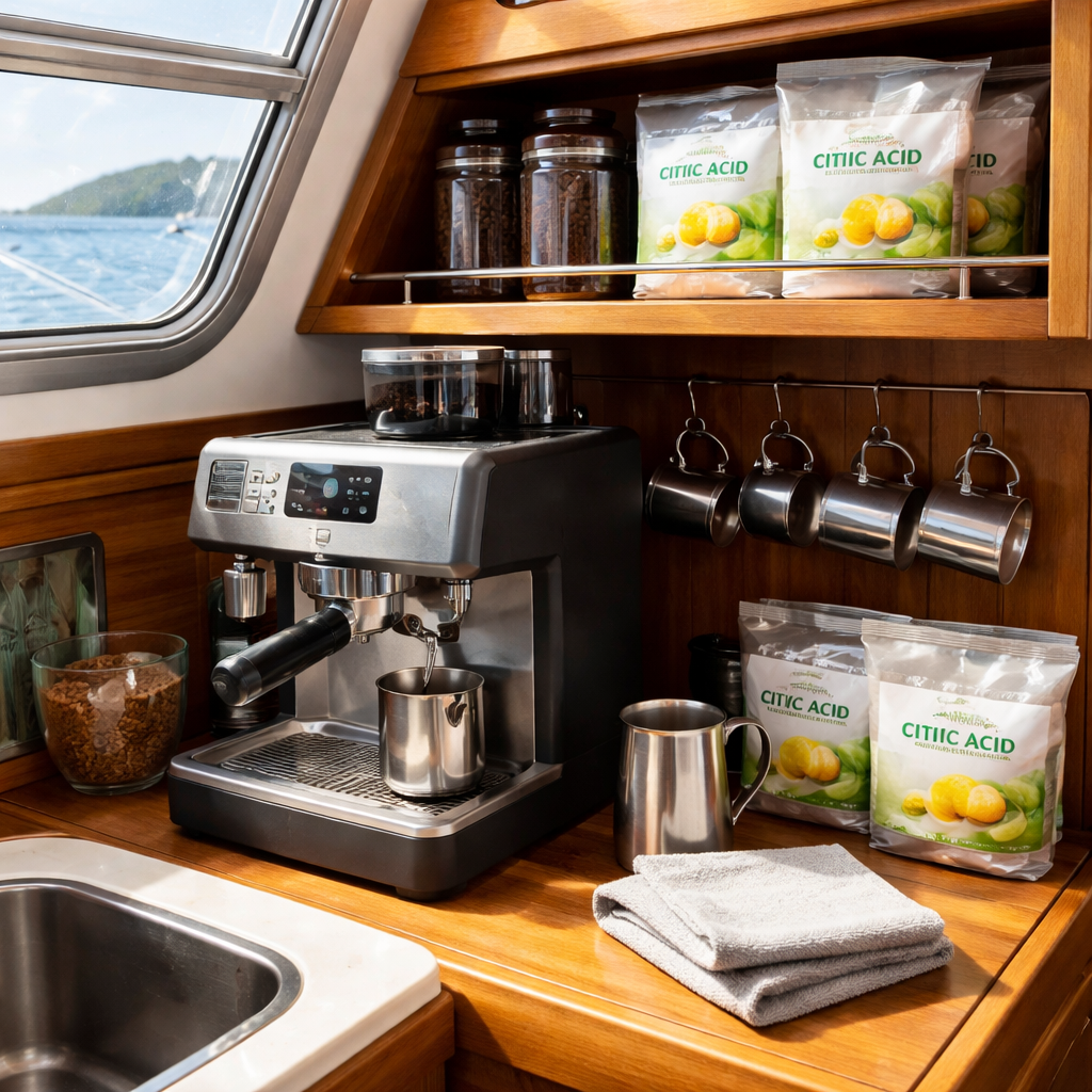 A photorealistic scene of a small boat cabin with a coffee machine, a lint‑free cloth, and sealed bags of citric‑acid powder neatly stored on a shelf. Alt: Final inspection and storage for coffee equipment on a boat