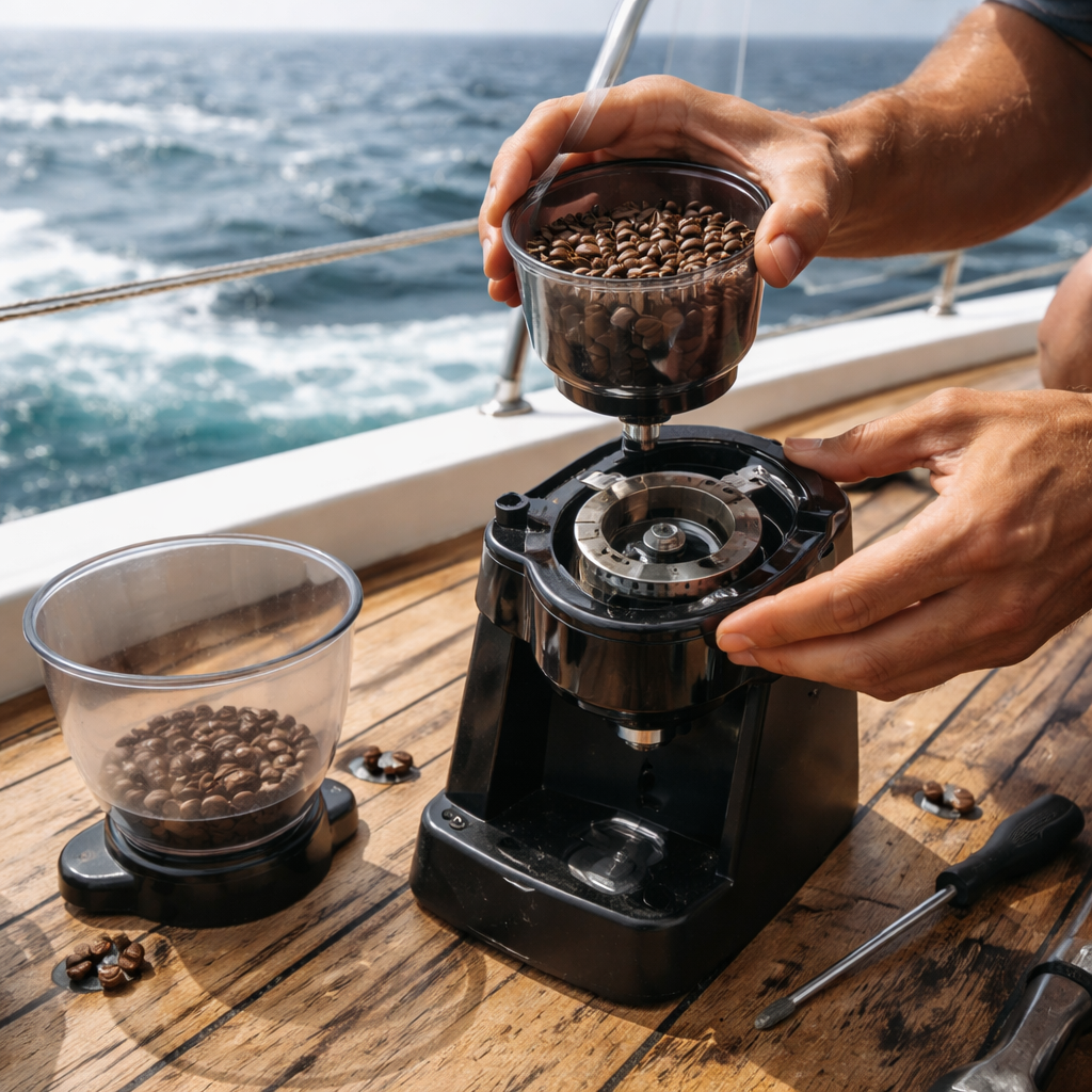 A realistic close‑up of a coffee grinder being taken apart on a boat deck, showing hands removing the burrs and hopper, with salty sea air in the background. Alt: coffee grinder disassembly on a boat