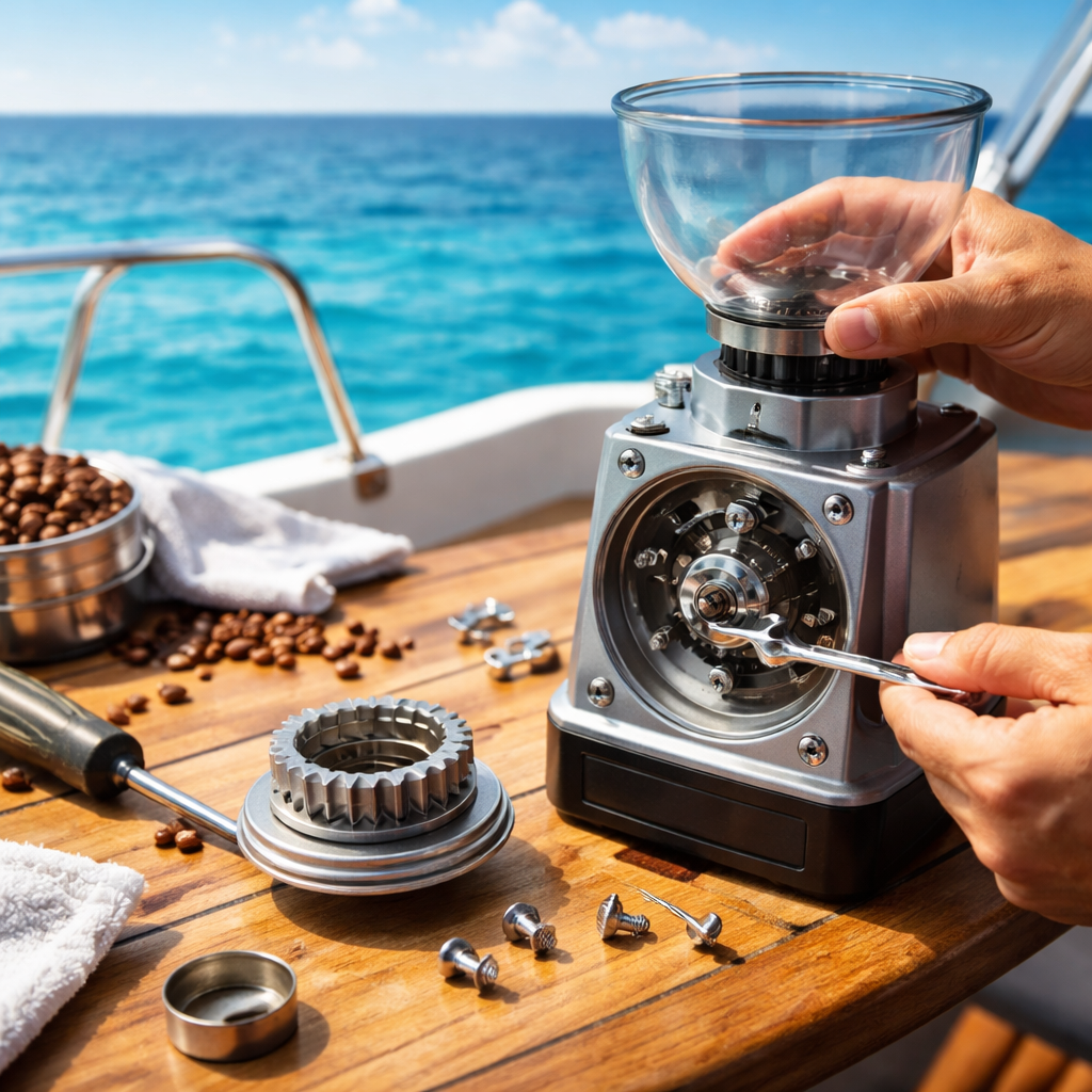 A realistic illustration of a coffee grinder being reassembled on a boat, showing the burrs, bolts, and hopper being put back together, with a clear blue sea in the background. Alt: coffee grinder reassembly on a boat