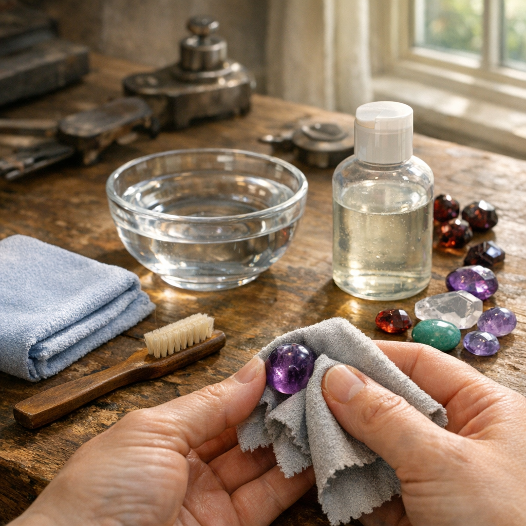 A photorealistic close‑up of a jewellery maker’s tabletop, showing a spread of cleaning supplies – soft microfiber cloth, tiny brush, a glass bowl of distilled water, a small bottle of mild soap, and a bead of amethyst being gently wiped. Light streams in from a nearby UK cottage‑style window, highlighting the natural colours of the gemstones. Realism style, UK setting.