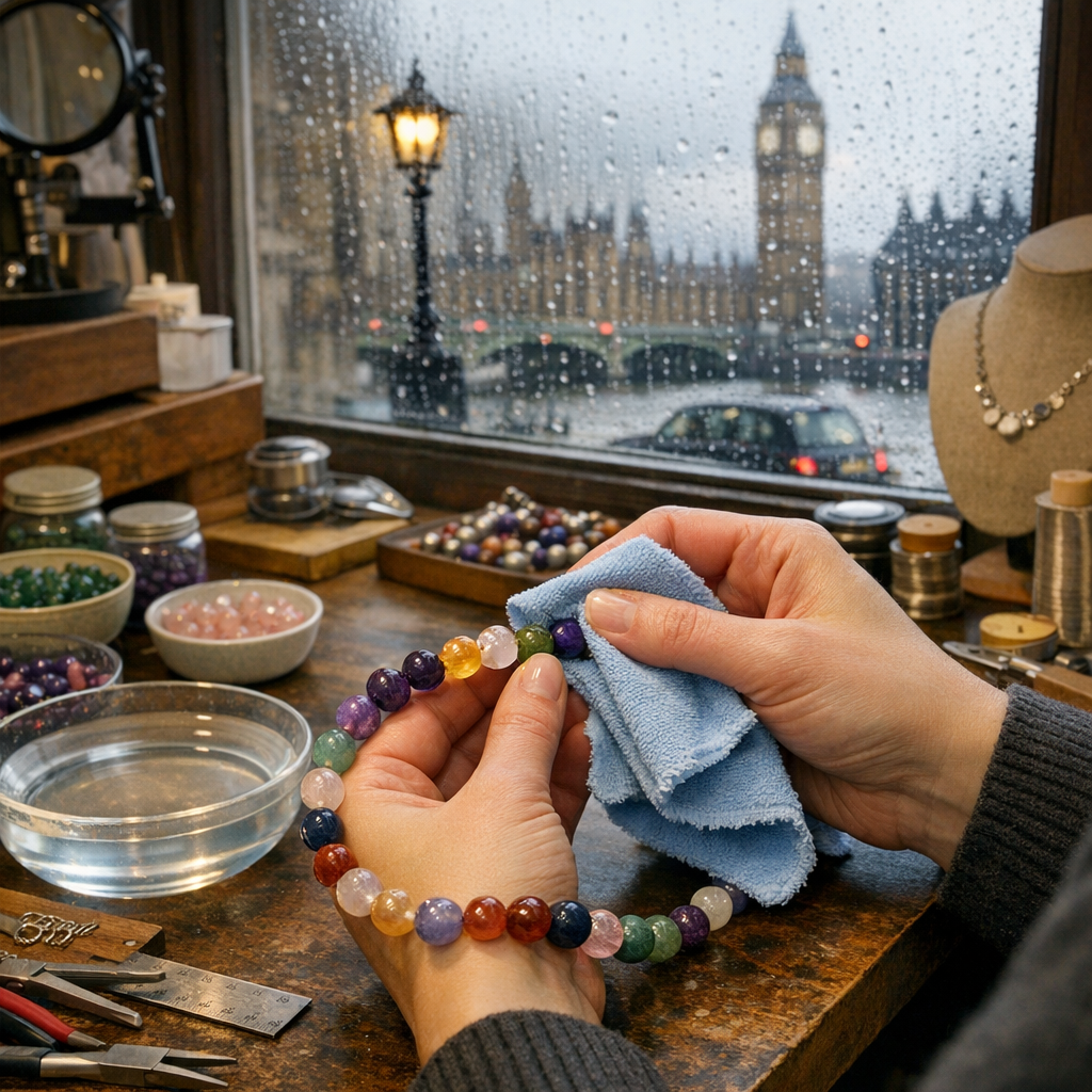 A photorealistic UK jewellery studio scene showing a crafter gently buffing a strand of colourful gemstone beads with a soft microfiber cloth, a shallow dish of distilled water and a tidy workspace; wet London window in the background. Alt: Bead buffing in a British jewellery studio.