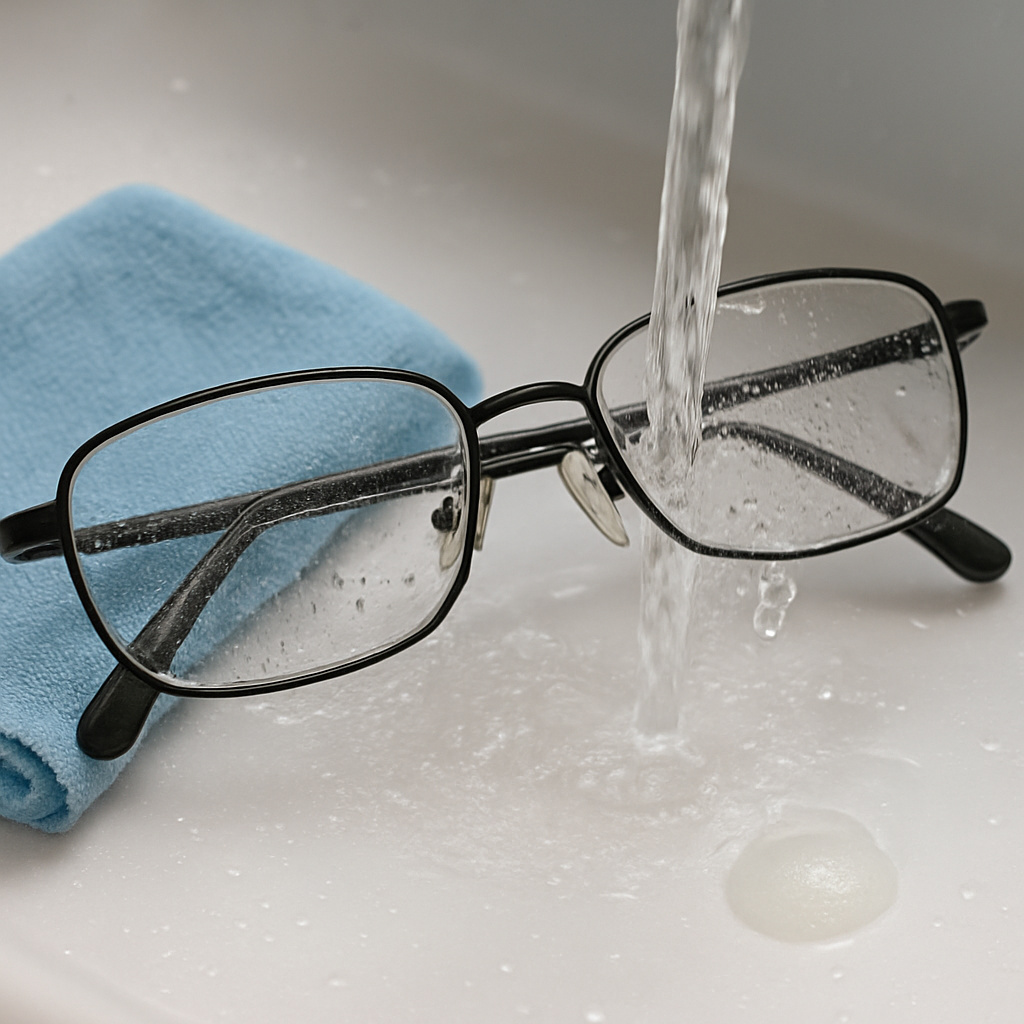 A close‑up of a pair of eyeglasses being rinsed under a gentle stream of distilled water, with a microfiber cloth and a small drop of dish soap beside them. Alt: How to clean glasses without streaks using distilled water, mild soap, and microfiber cloth.