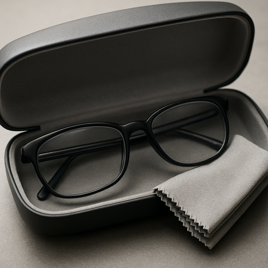 A close‑up of a pair of eyeglasses resting inside a sleek hard case, with a fresh microfiber cloth folded beside them. Alt: Maintaining glasses to prevent streaks with proper storage and clean cloths.