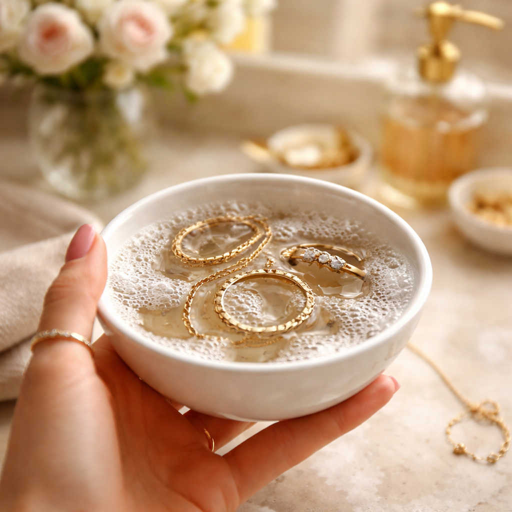 A photorealistic scene of a hand holding a small bowl of warm soapy water with gold jewellery soaking inside, soft natural lighting, Swiss kitchen setting, appealing to women who love fine jewellery. Alt: Simple soapy water method for cleaning gold jewellery at home.