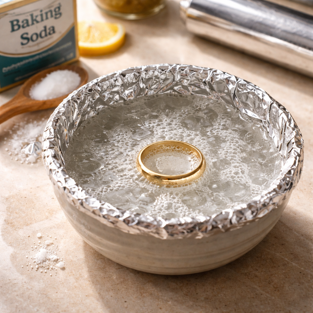 A photorealistic scene of a kitchen counter with a small bowl lined with shiny aluminum foil, hot water bubbling gently, baking soda crystals dissolving, and a gold wedding band resting in the solution. Soft natural light highlights the metal’s renewed sparkle. Alt: Baking soda and aluminum foil method to clean gold jewellery at home.