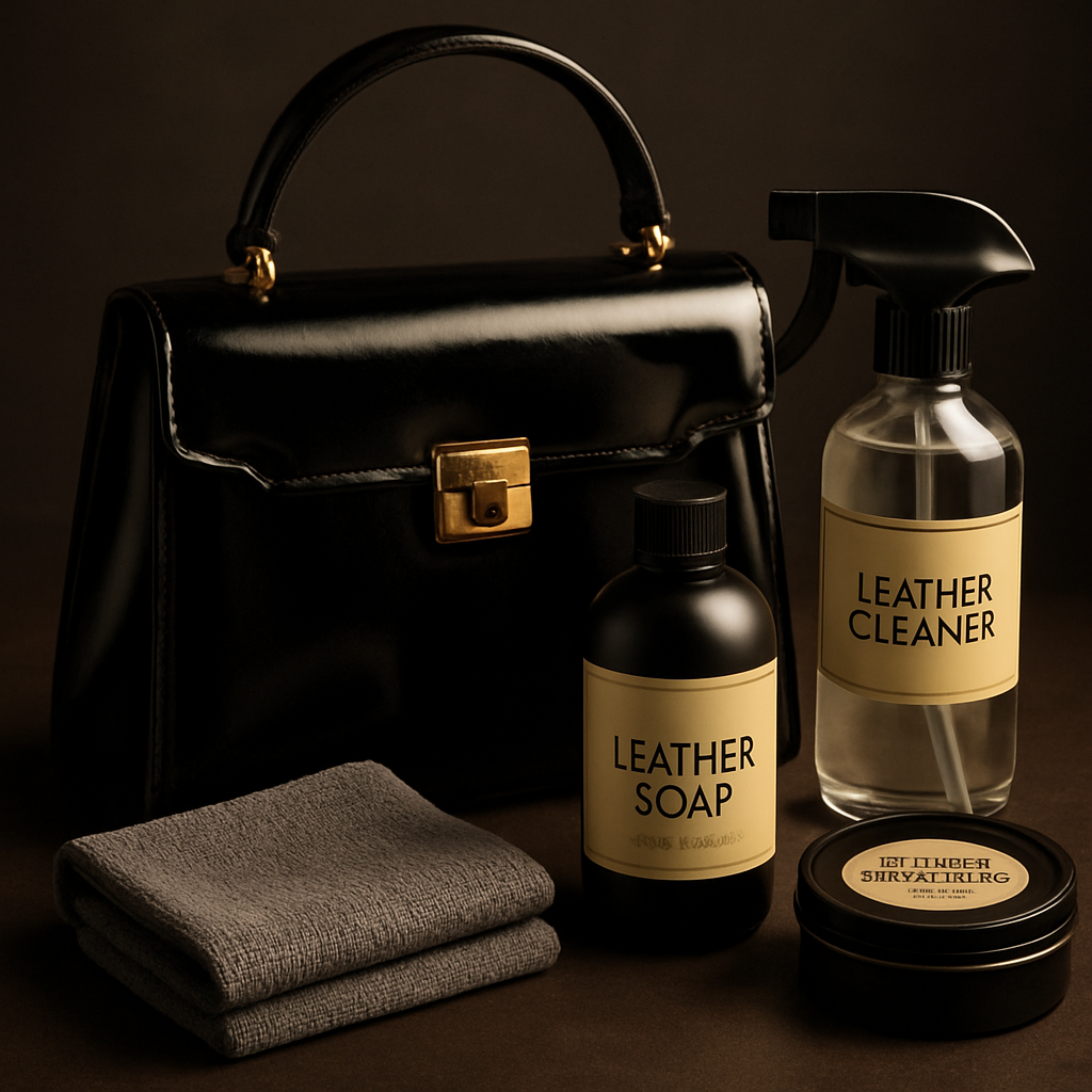 A close‑up of a designer patent leather bag surrounded by premium cleaning tools – microfiber cloth, soap bottle, spray bottle, and conditioner tin. Alt: