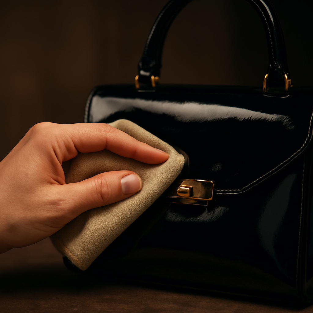 A close‑up of a hand gently polishing a glossy patent leather handbag with a microfiber cloth, highlighting the reflective surface. Alt: Patent leather bag conditioning and polishing for lasting shine.