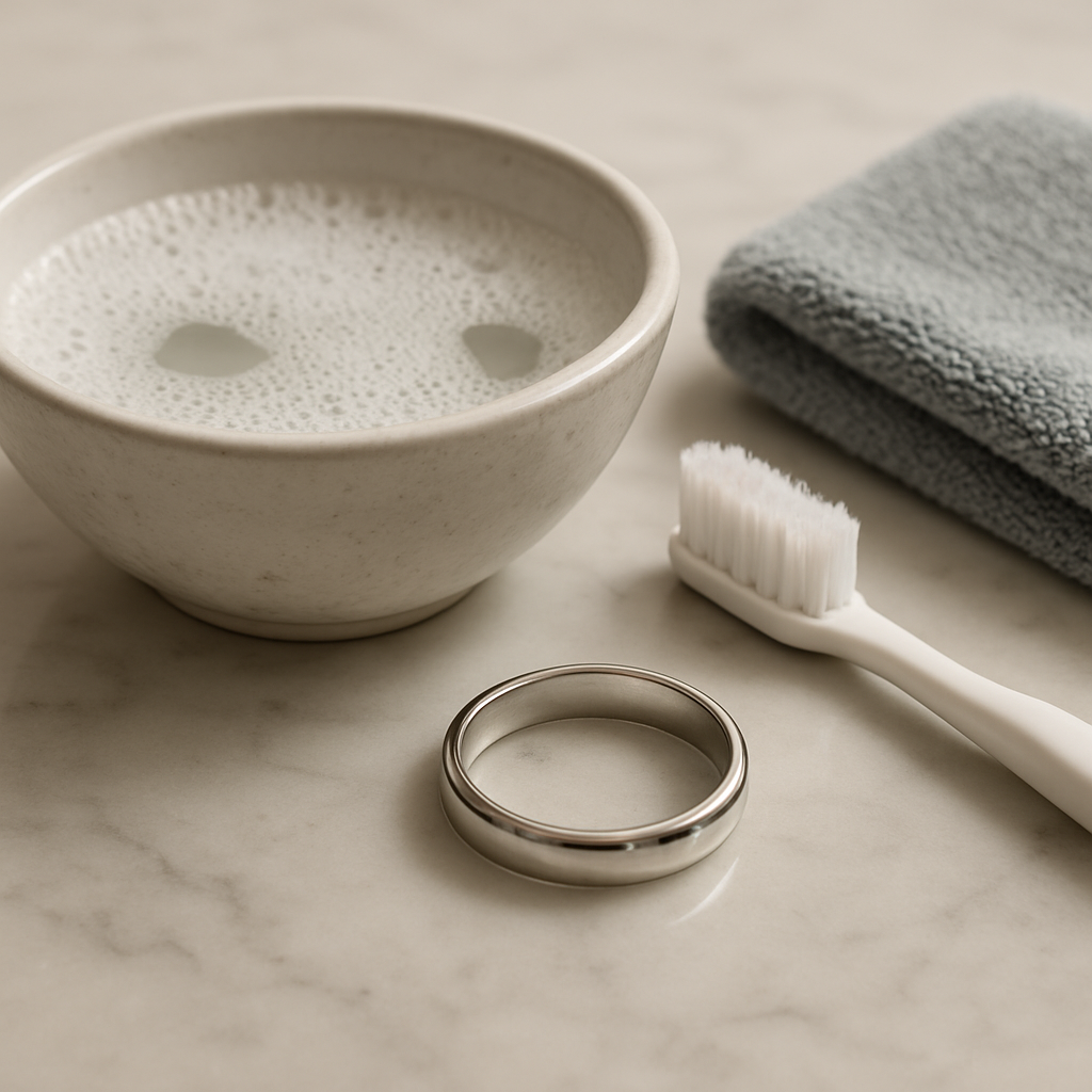 A photorealistic close‑up of a white gold ring lying next to a small bowl of warm soapy water, a soft toothbrush, and a microfiber cloth on a marble vanity. Alt: How to clean white gold ring at home – cleaning supplies laid out.