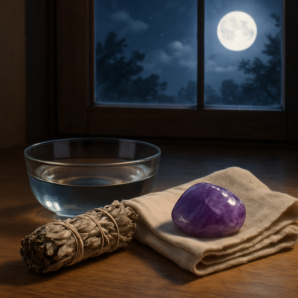 A serene workspace with a bowl of water, a sage smudge stick, a soft cloth, and a moonlit window, ready for amethyst cleansing. Alt: Gather cleansing supplies for amethyst