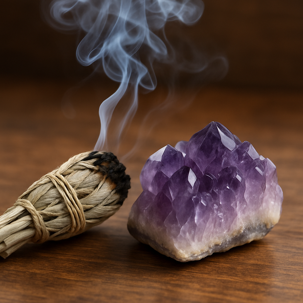 A smudging sage bundle wafting gentle smoke over a purple amethyst crystal resting on a wooden tabletop. Alt: Sage smoke cleansing amethyst crystal for spiritual clearing.