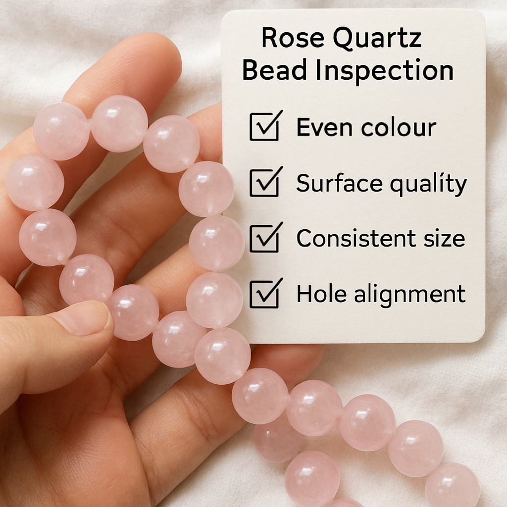 A close‑up of a hand holding rose quartz beads on a soft white cloth, with a checklist overlay showing inspection steps. Alt: Rose quartz bead inspection checklist for jewellery makers.