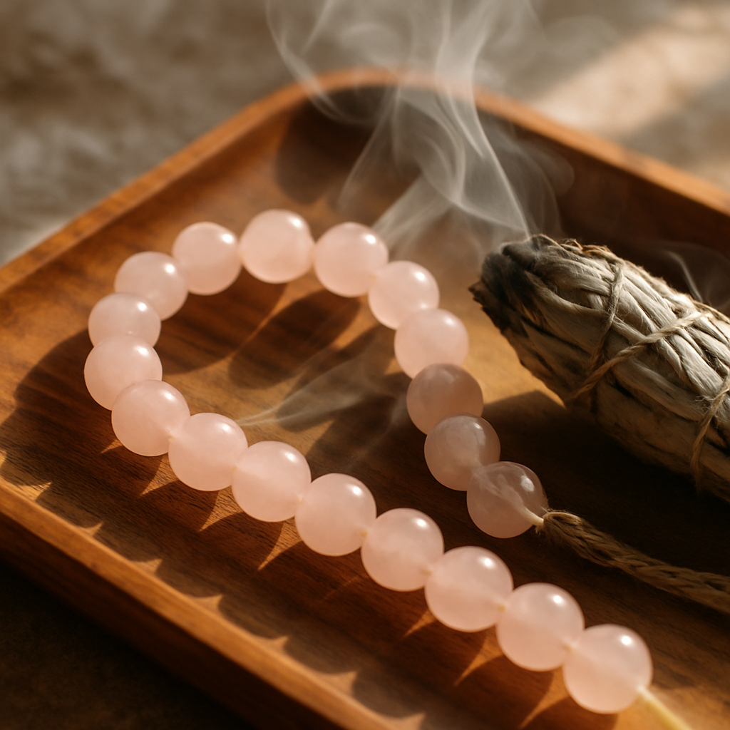 A close‑up of rose quartz beads being gently wafted through sage smoke on a wooden tray, showing the ritual in progress. Alt: How to cleanse rose quartz ritual with sage smoke and sunlight.